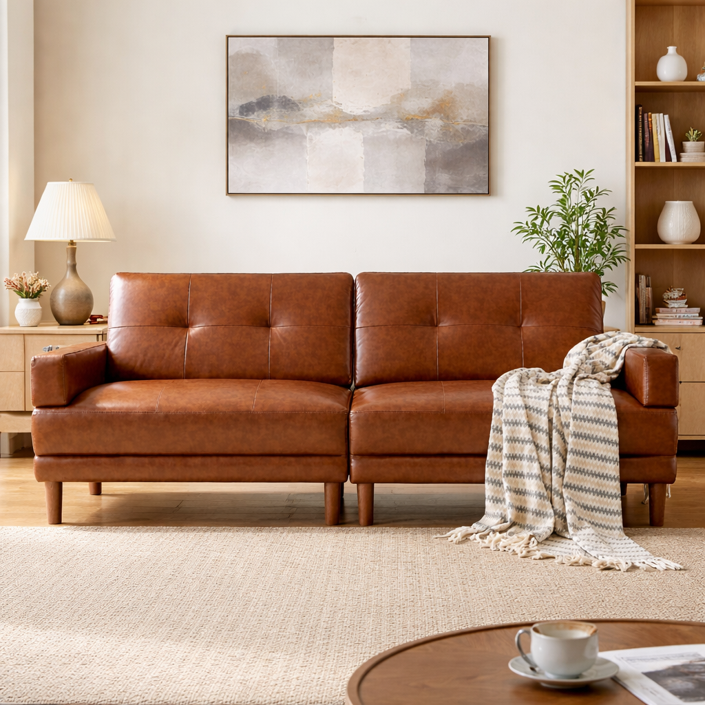 brown leather 2 seater sofa teak wood frame