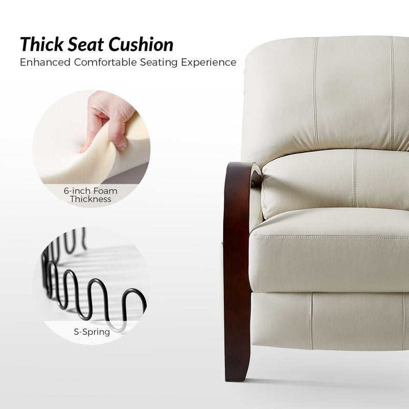 Luxury leatherette recliner chair in ivory white with teak wood accents
