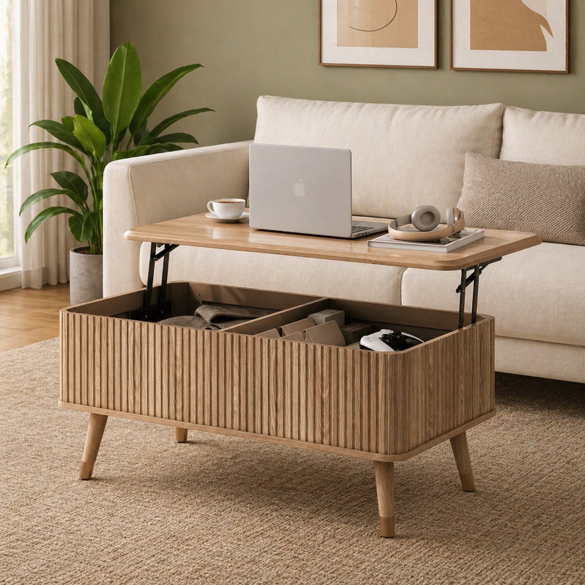 Modern lift-top wooden coffee table with hidden storage