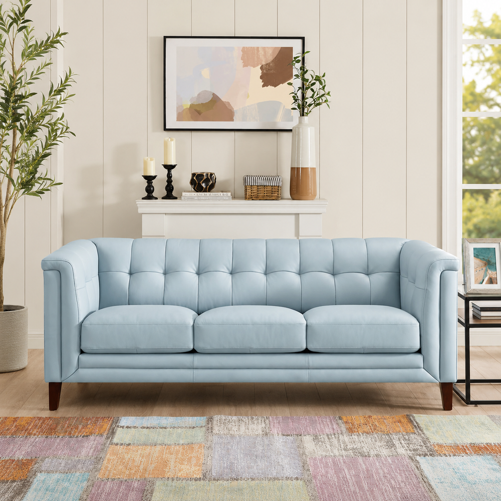 Modern light blue tufted teak wood sofa