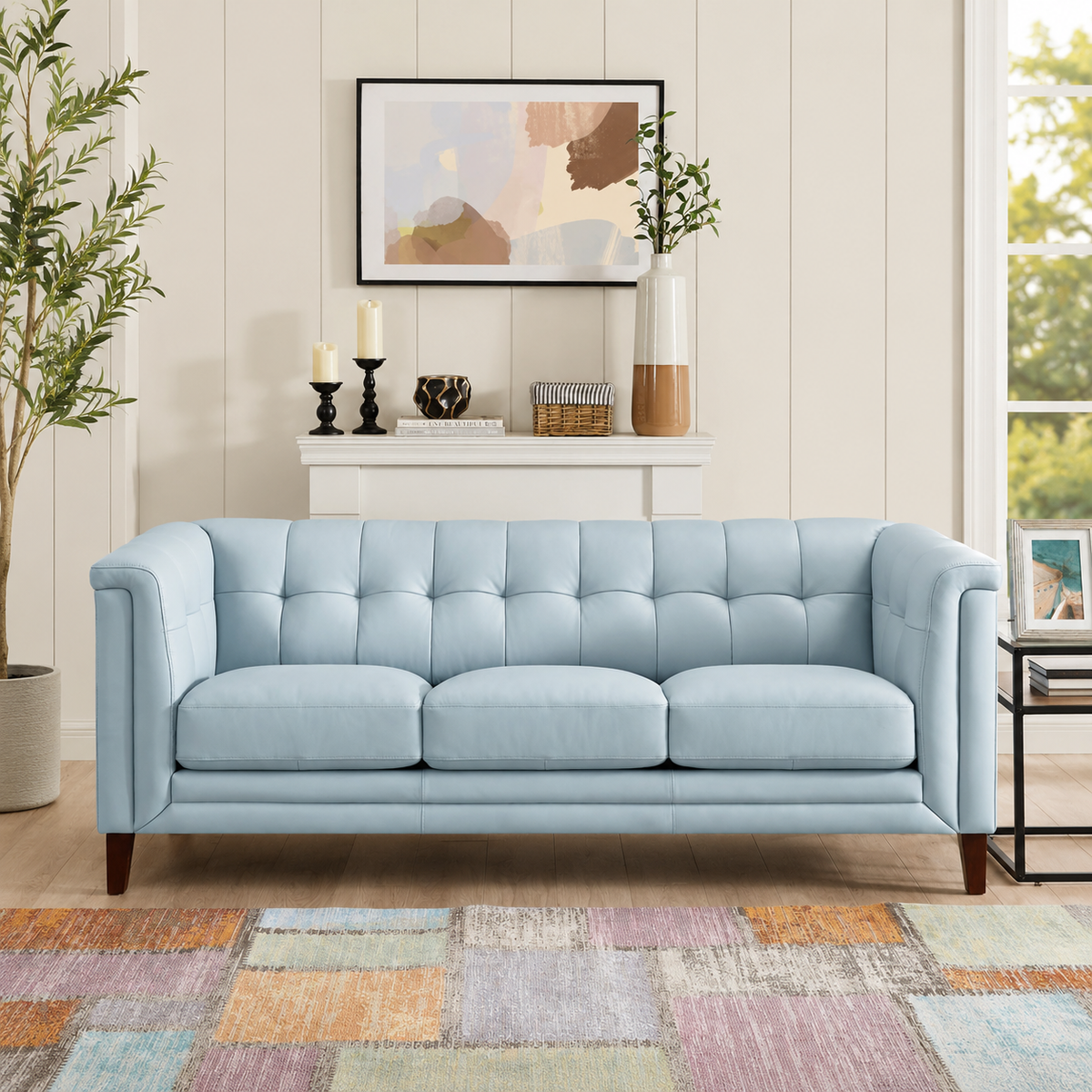 Modern light blue tufted teak wood sofa