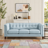 Modern light blue tufted teak wood sofa