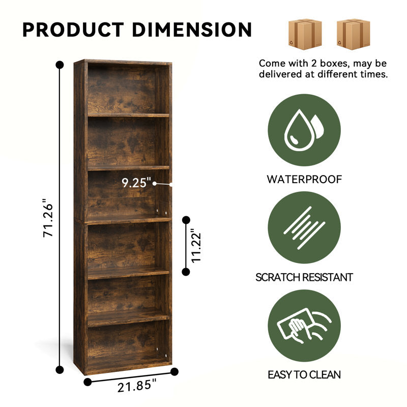 Sky Rise Decor Solid Teak Wood Bookshelf – Modern 6-Tier Open Display Bookcase for Living Room, Home Office & Study
