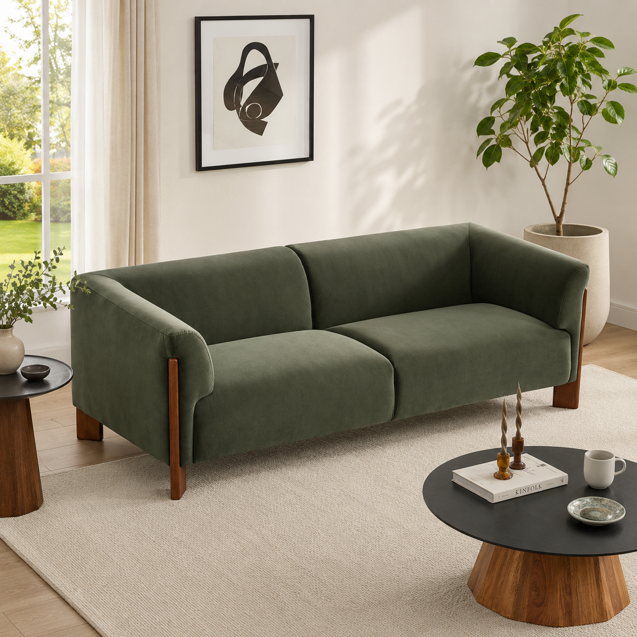 Modern olive green velvet sofa with solid teak wood legs