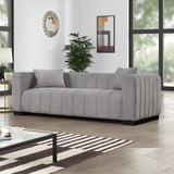 Grey upholstered teak wood sofa set with modern channel tufting