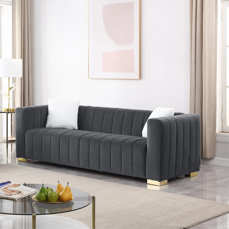 Modern channel tufted teak wood sofa set with premium upholstery