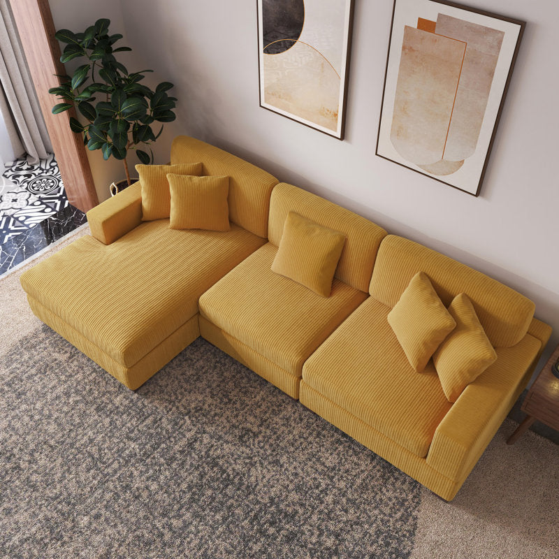 Elegant mustard yellow fabric sofa with wooden frame
