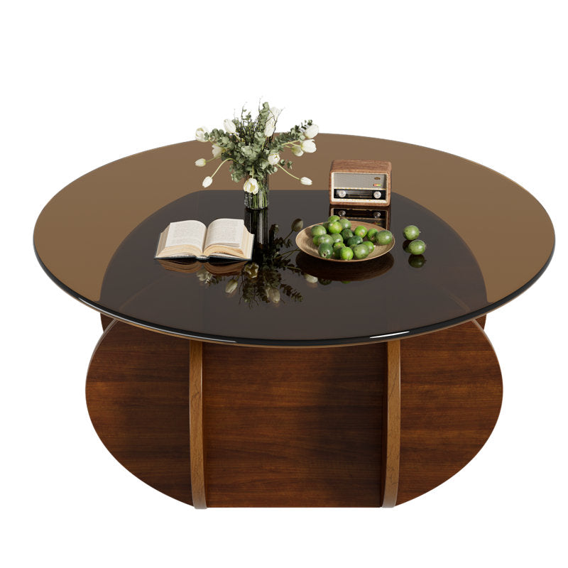 Contemporary wooden coffee table with black glass