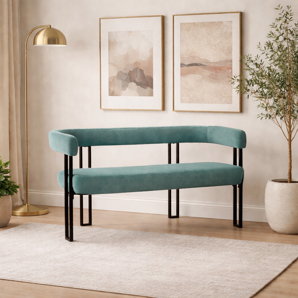 Luxury 2 Seater Metal Frame Sofa Bench | Modern Fabric Upholstered Couch | Sky Rise Decor Designer Seating