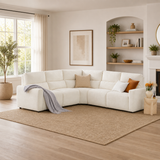 Modern curved sectional sofa in ivory fabric with solid teak wood frame