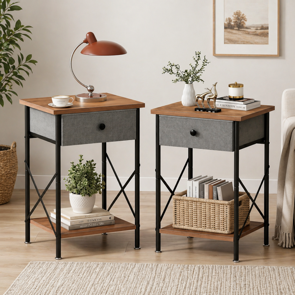 Modern wooden nightstand set with drawer and shelf