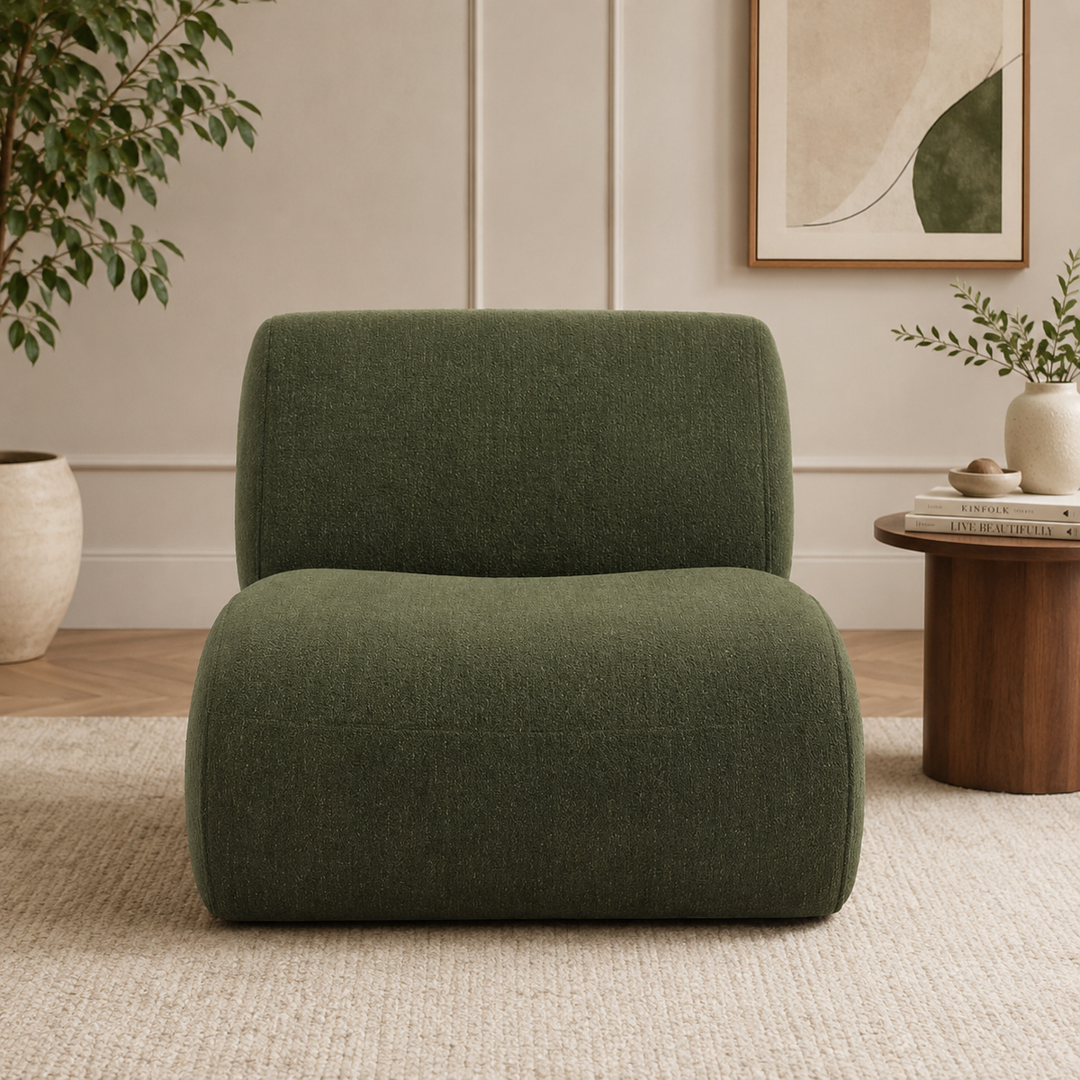 Contemporary upholstered accent chair in olive green fabric