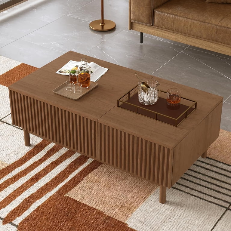Contemporary walnut coffee table with storage shelf and curved edges