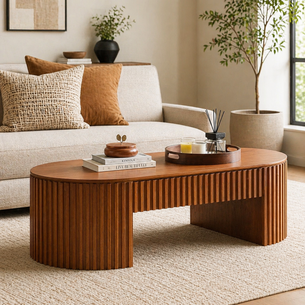 Modern oval fluted wood coffee table in walnut finish