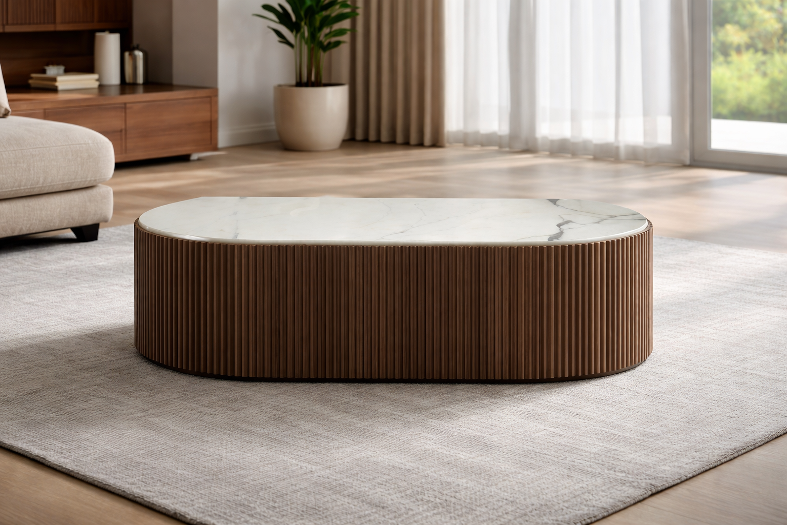 Modern oval marble coffee table with teak wood base
