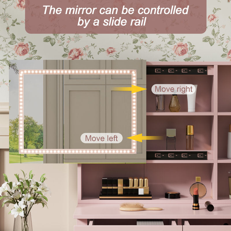 Wooden makeup table with mirror and organized storage