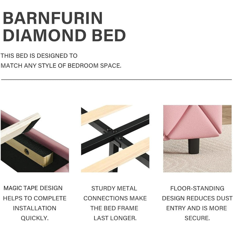 Modern blush pink velvet bed with diamond tufting
