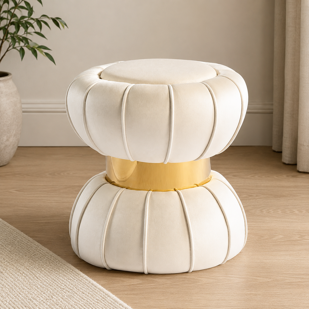 Modern pumpkin upholstered teak wood stool