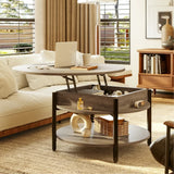 Rustic wood round coffee table with black metal legs