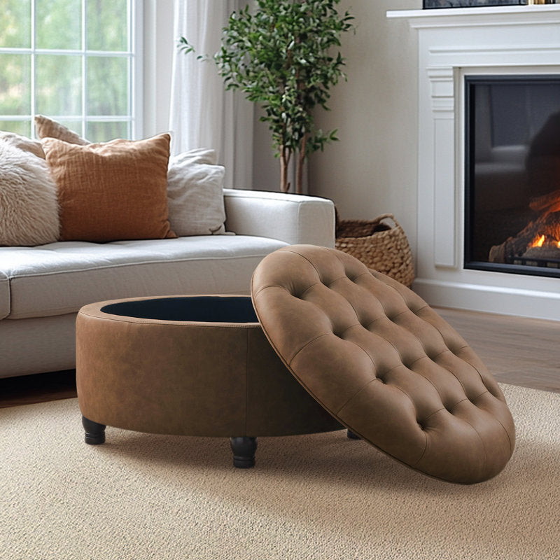 Brown upholstered storage ottoman for living room