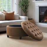 Brown upholstered storage ottoman for living room