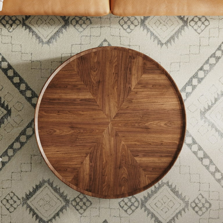 Walnut round coffee table with built-in drawer storage