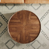 Walnut round coffee table with built-in drawer storage