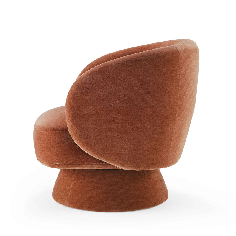Rust brown barrel lounge chair with swivel pedestal base
