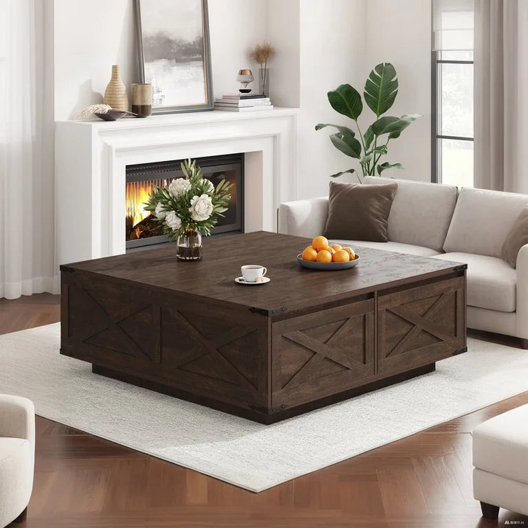 Modern rustic square coffee table for sectional sofa living room