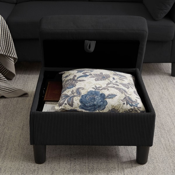 Black fabric L shape couch with wooden frame