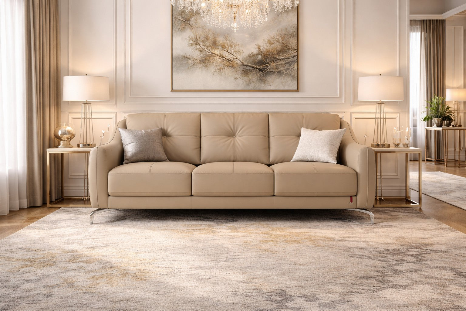 Premium 3 Seater Leatherette Sofa – Modern Luxury Beige Couch for Living Room | Comfortable & Durable Designer Sofa Set