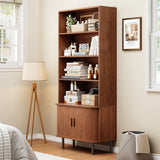 Walnut finish teak wood bookcase with decorative shelving