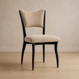 Solid teak wood upholstered dining chair with beige fabric seat
