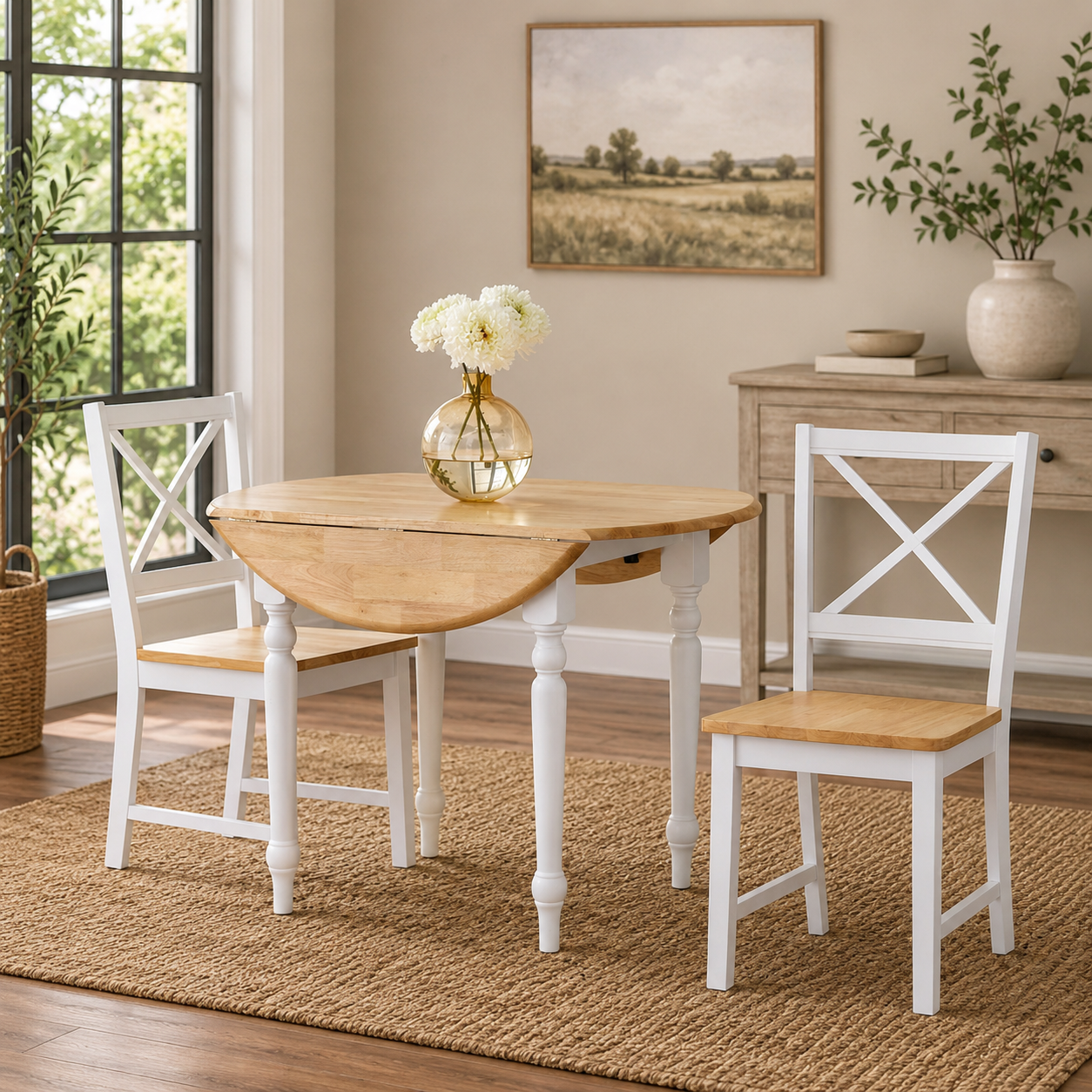Modern teak wood drop leaf dining table set with chairs
