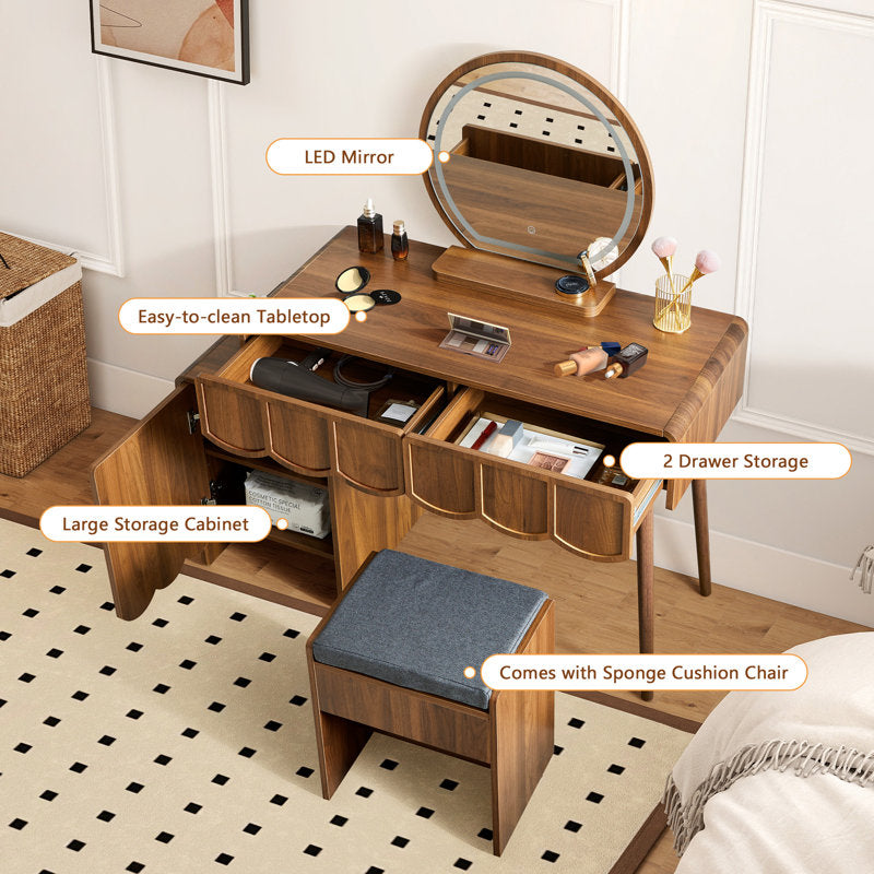 Solid wood dressing table with cushioned stool