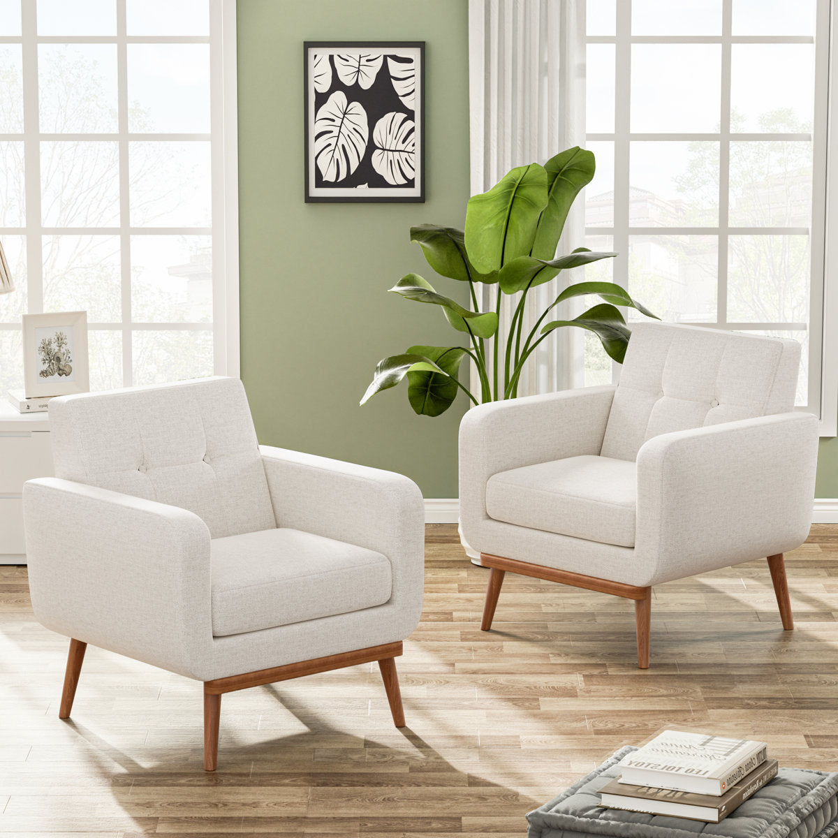 Elegant off-white upholstered teak wood sofa