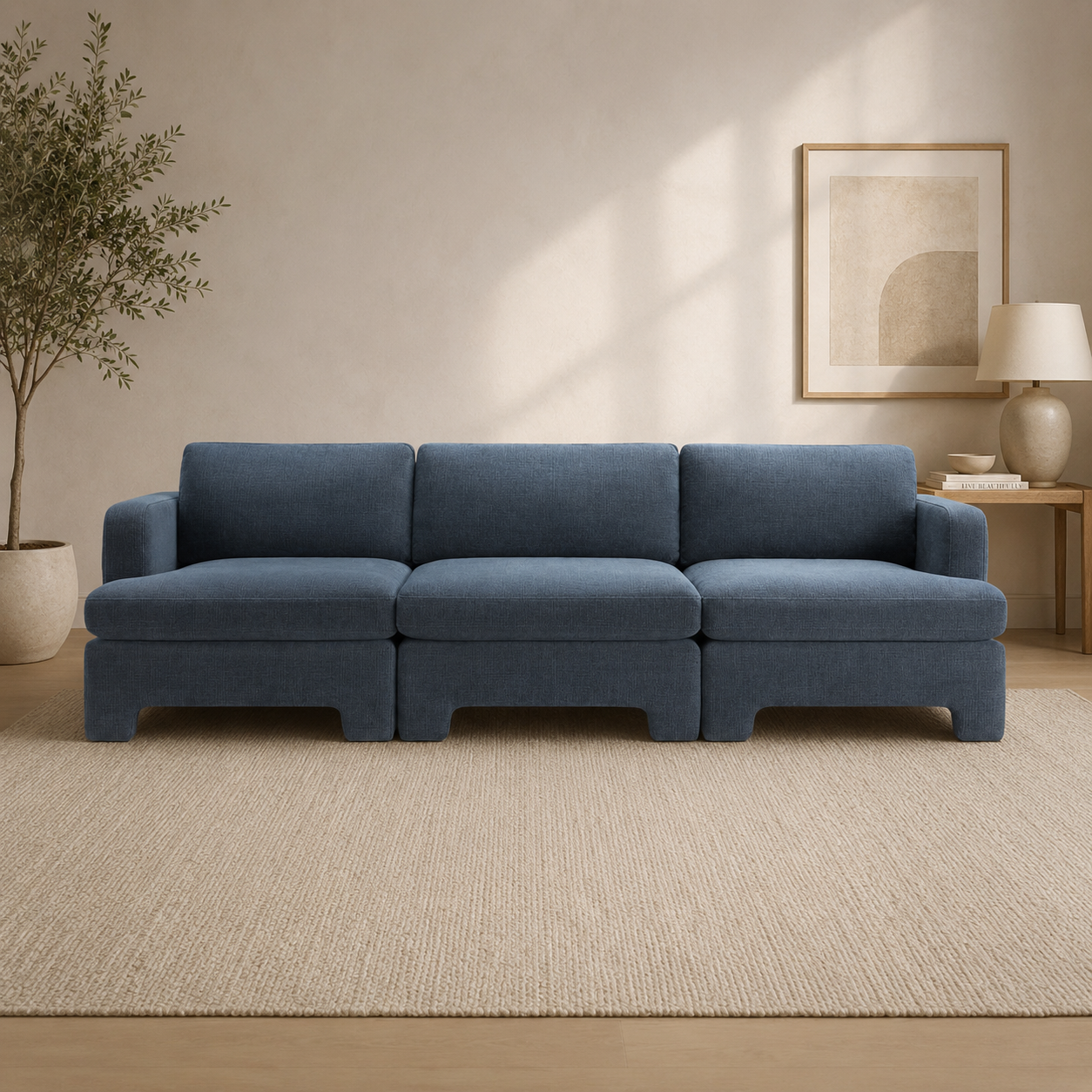Modern blue teak wood 3 seater sofa for living room