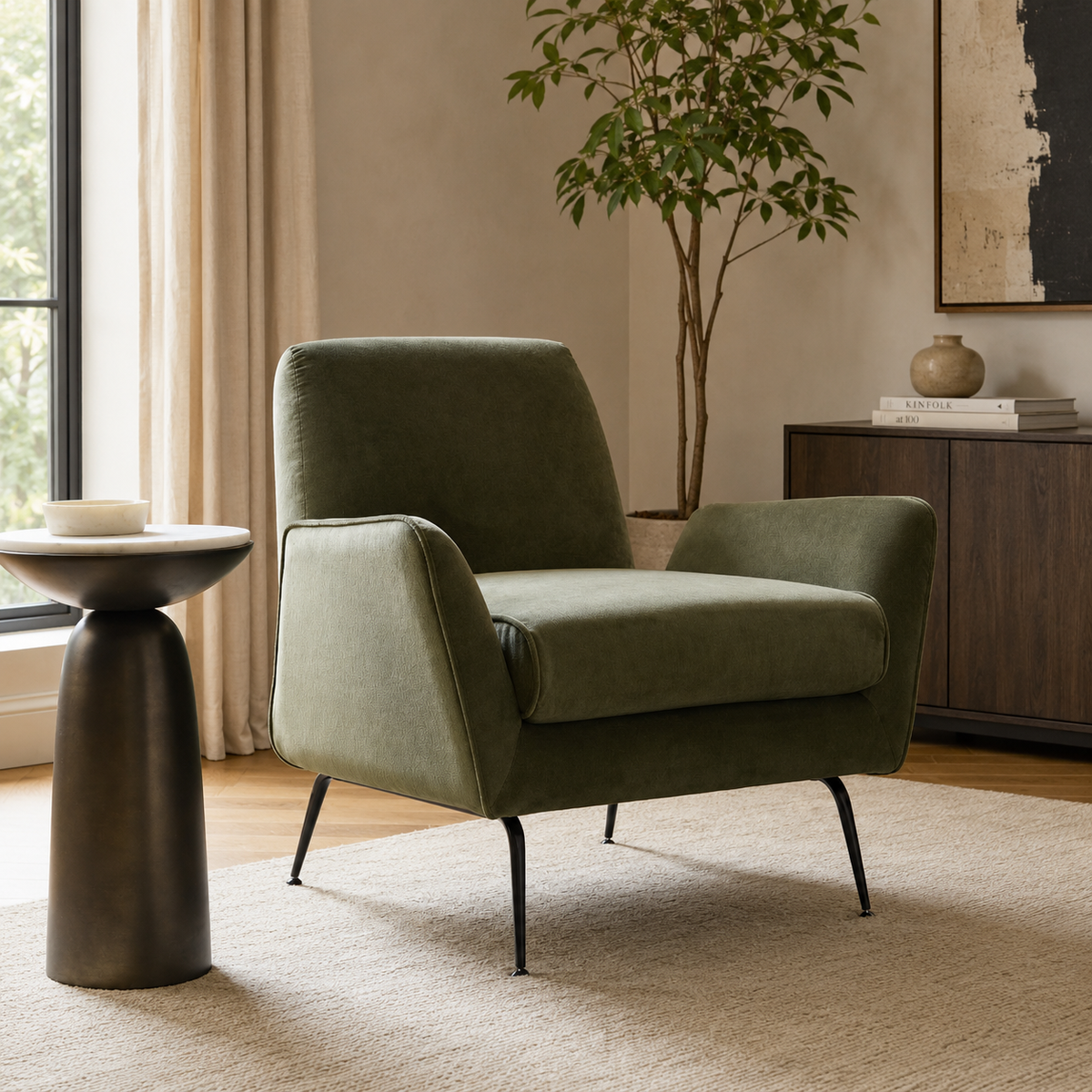 Modern olive green teak wood accent lounge chair for living room