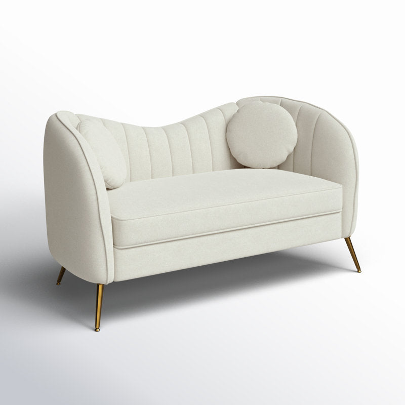 Designer cream loveseat with teak wood frame for living room