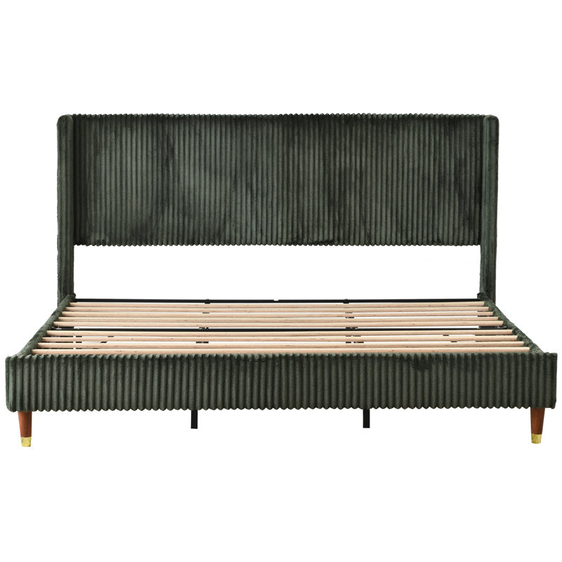 premium teak wood bed with soft fabric upholstery
