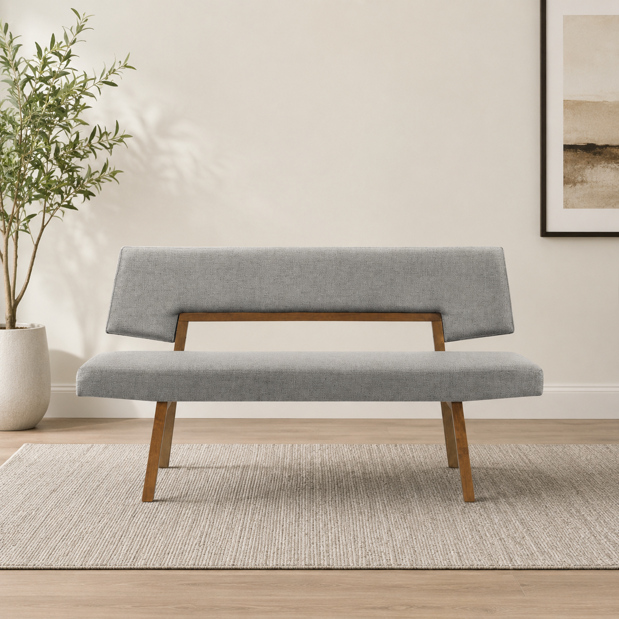 Modern teak wood upholstered bench sofa in grey fabric
