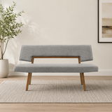 Modern teak wood upholstered bench sofa in grey fabric
