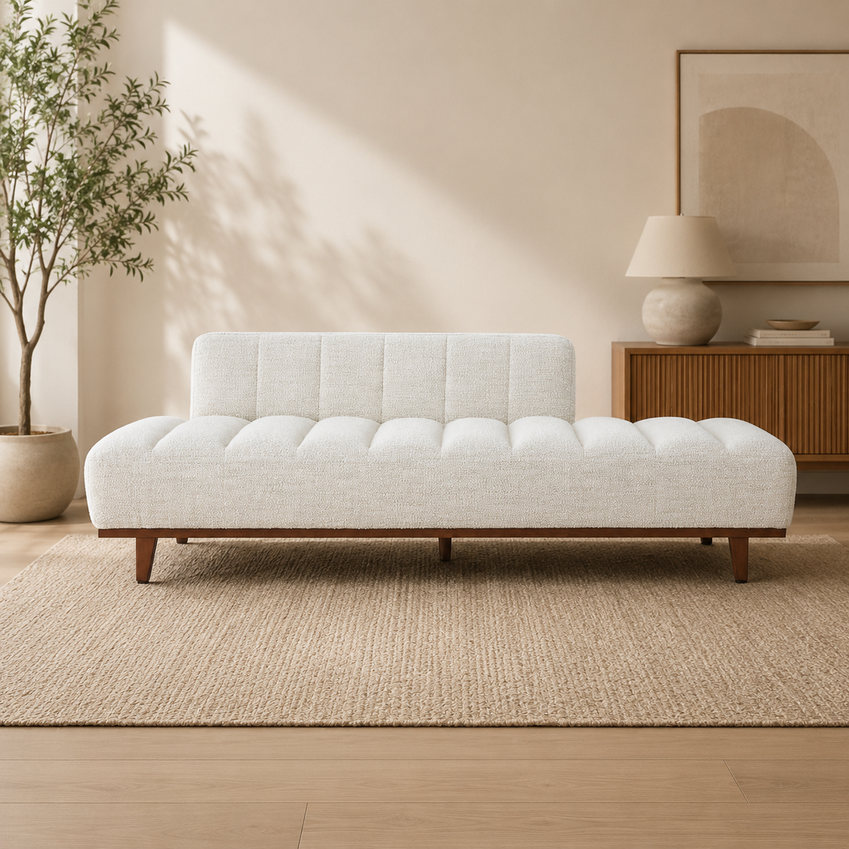 Modern teak wood bouclé sofa cum bed for luxury living room