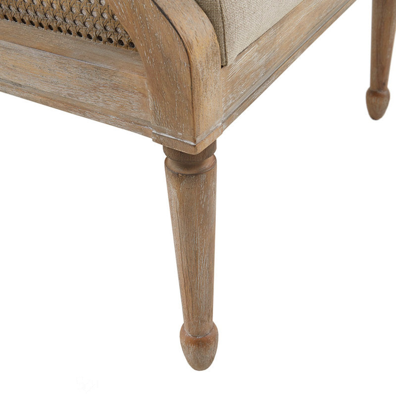 Modern teak wood cane lounge chair with beige cushion