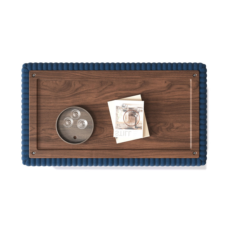 Designer navy blue ottoman with wooden top