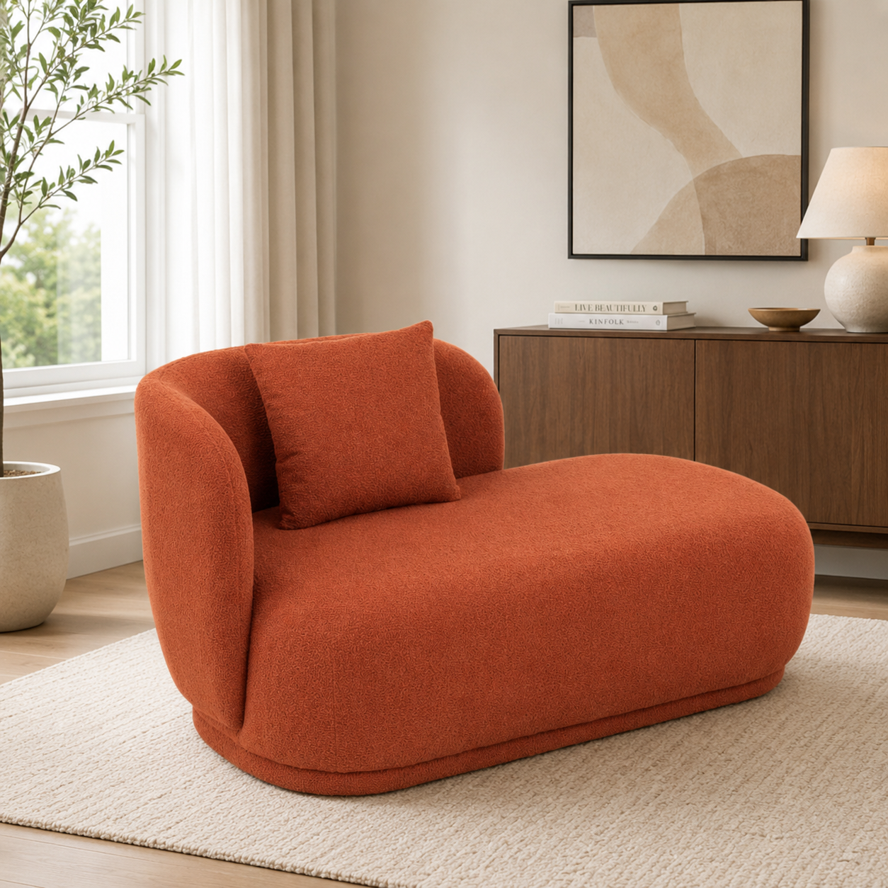 Modern teak wood chaise lounge sofa in terracotta orange