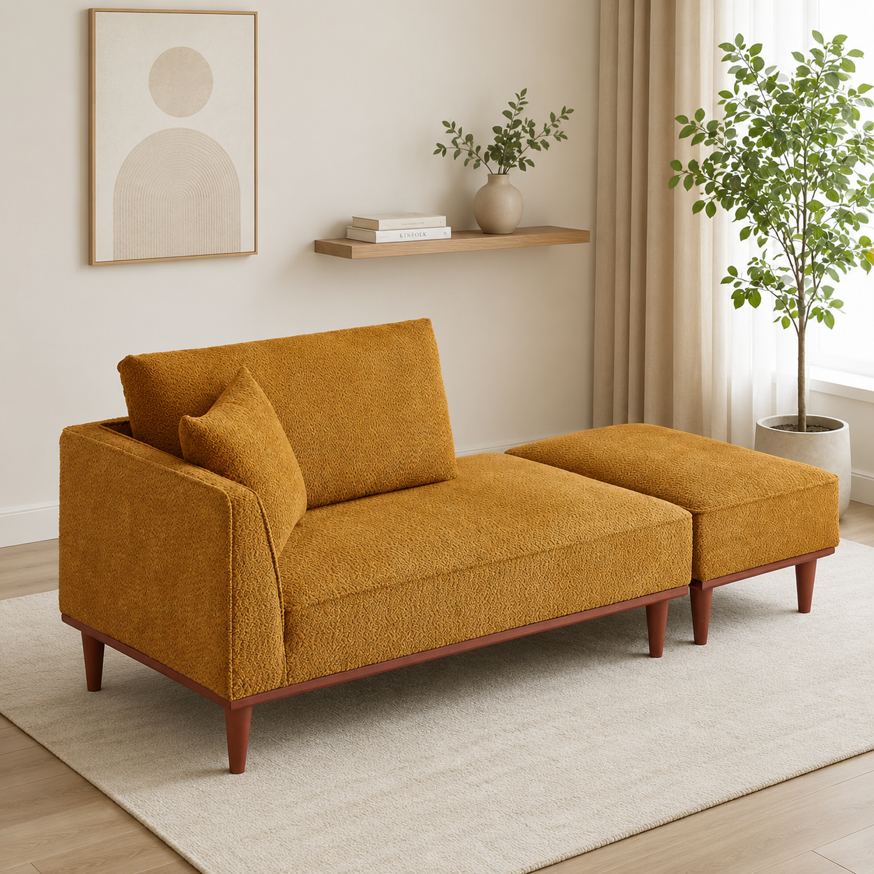Modern teak wood chaise lounge sofa in mustard boucle fabric