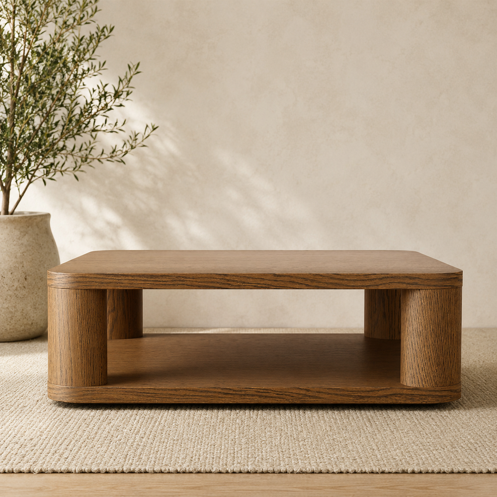 Modern teak wood coffee table with open shelf storage