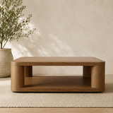 Modern teak wood coffee table with open shelf storage