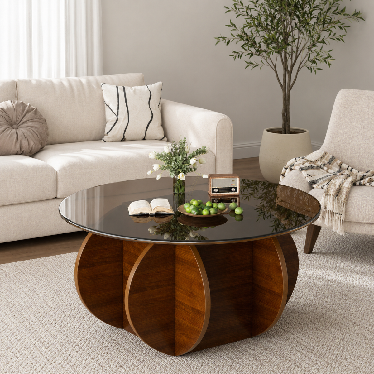 Modern round teak wood coffee table with smoked glass top